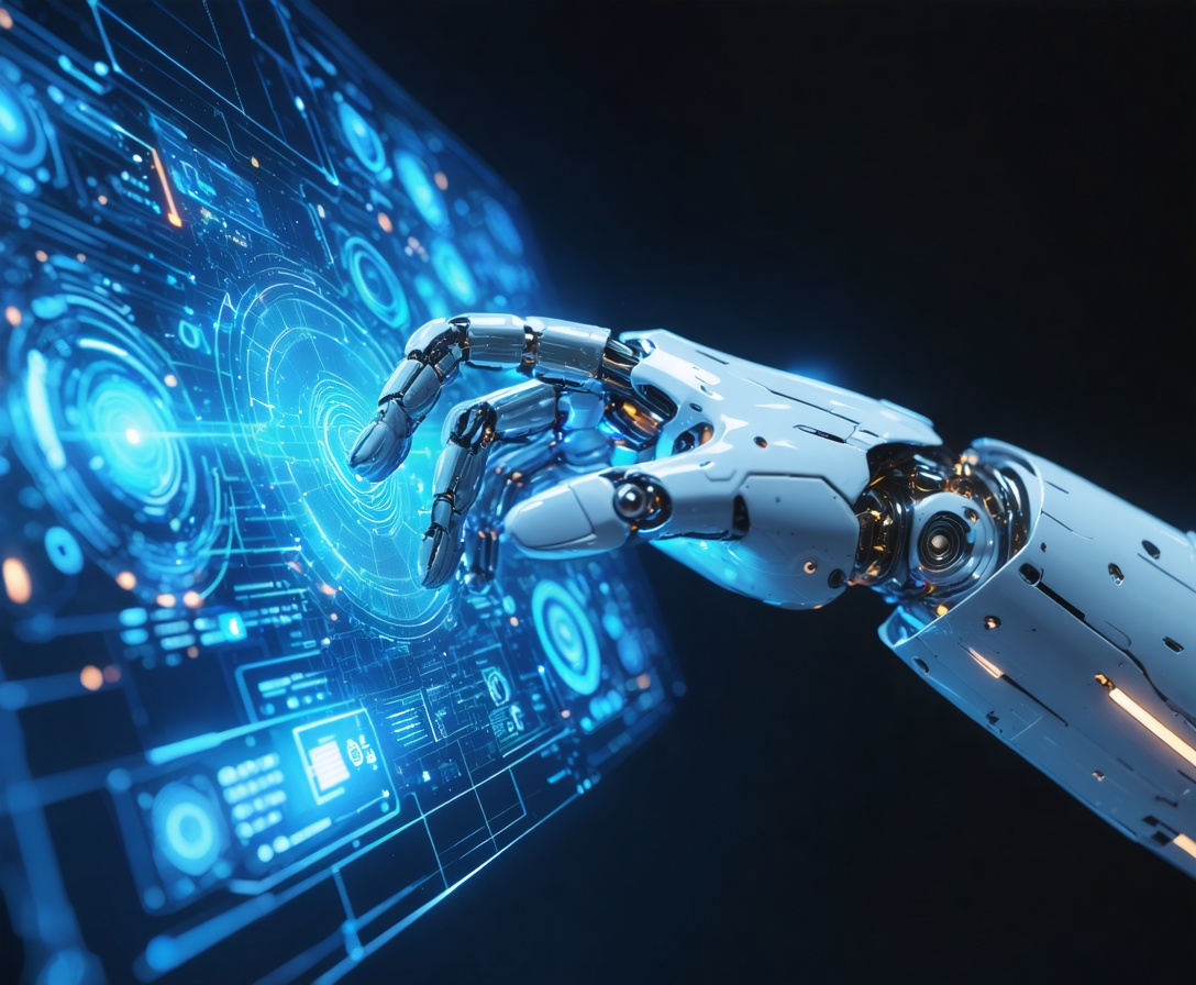 Mano robotica umanoide futuristica che interagisce con un'interfaccia olografica virtuale