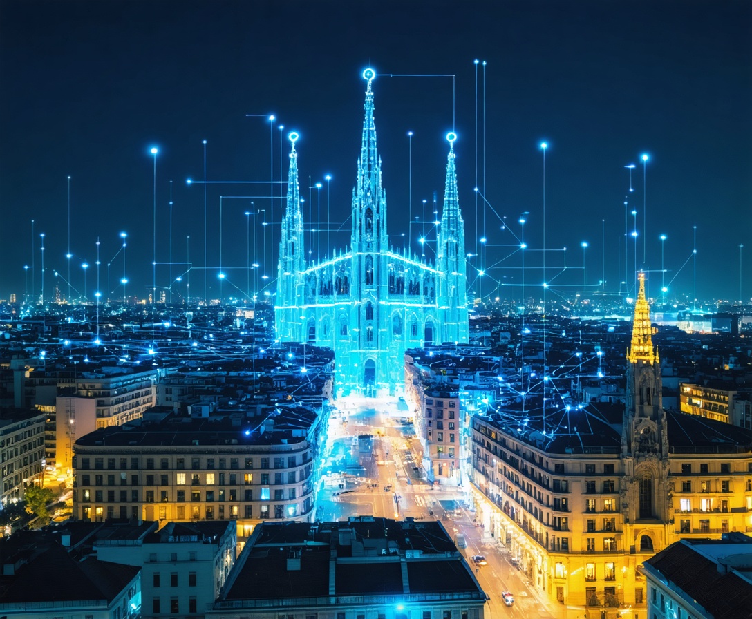 Cityscape moderno di Milano di notte con linee di dati luminose che collegano gli edifici