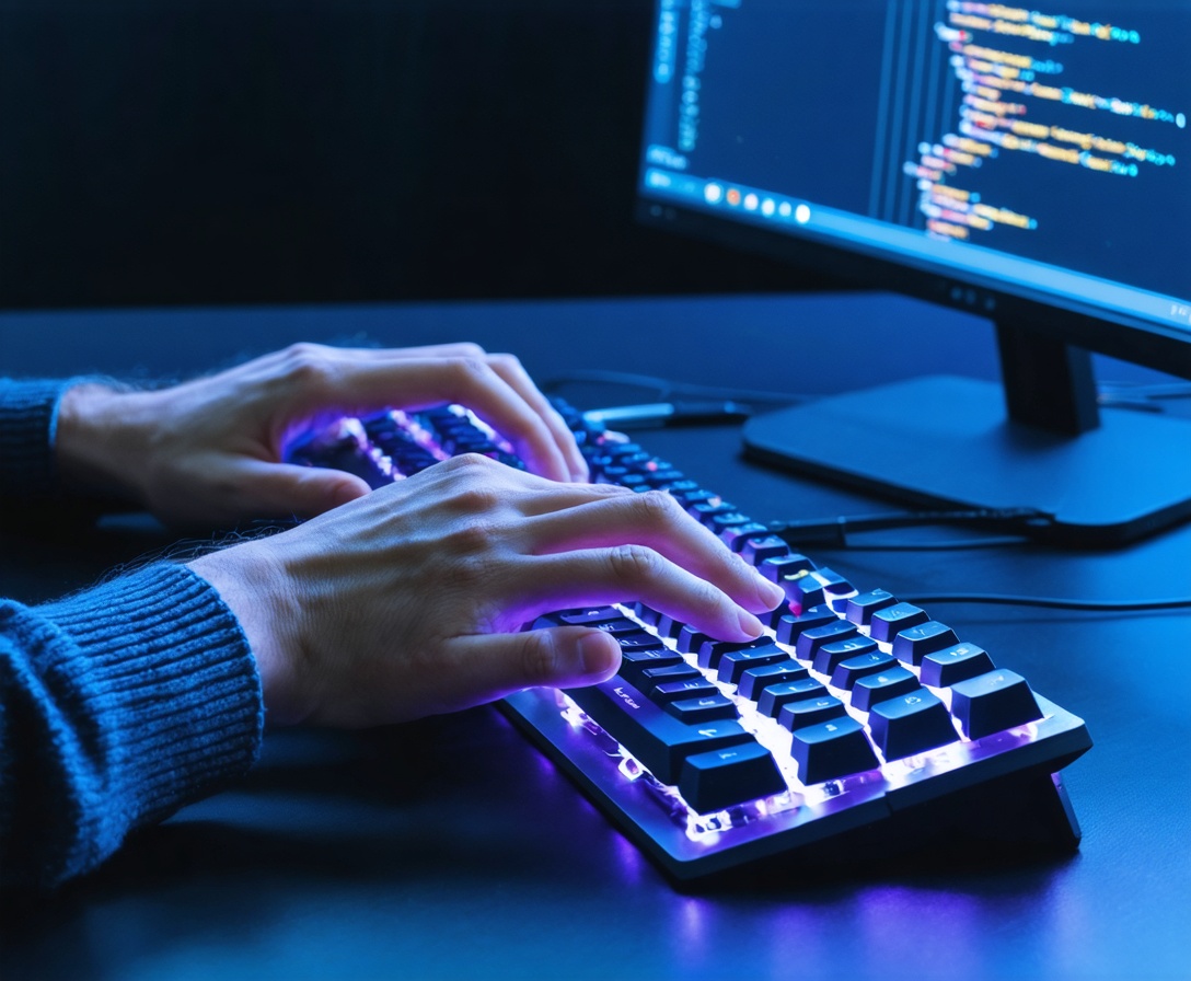 Persona che usa una tastiera meccanica di fascia alta con retroilluminazione luminosa