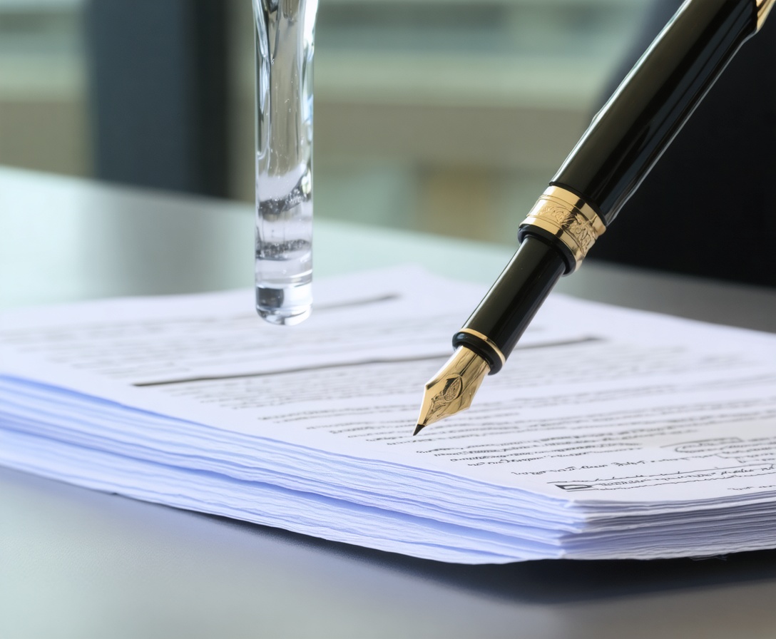 Penna stilografica appoggiata su una pila di documenti professionali in un ufficio